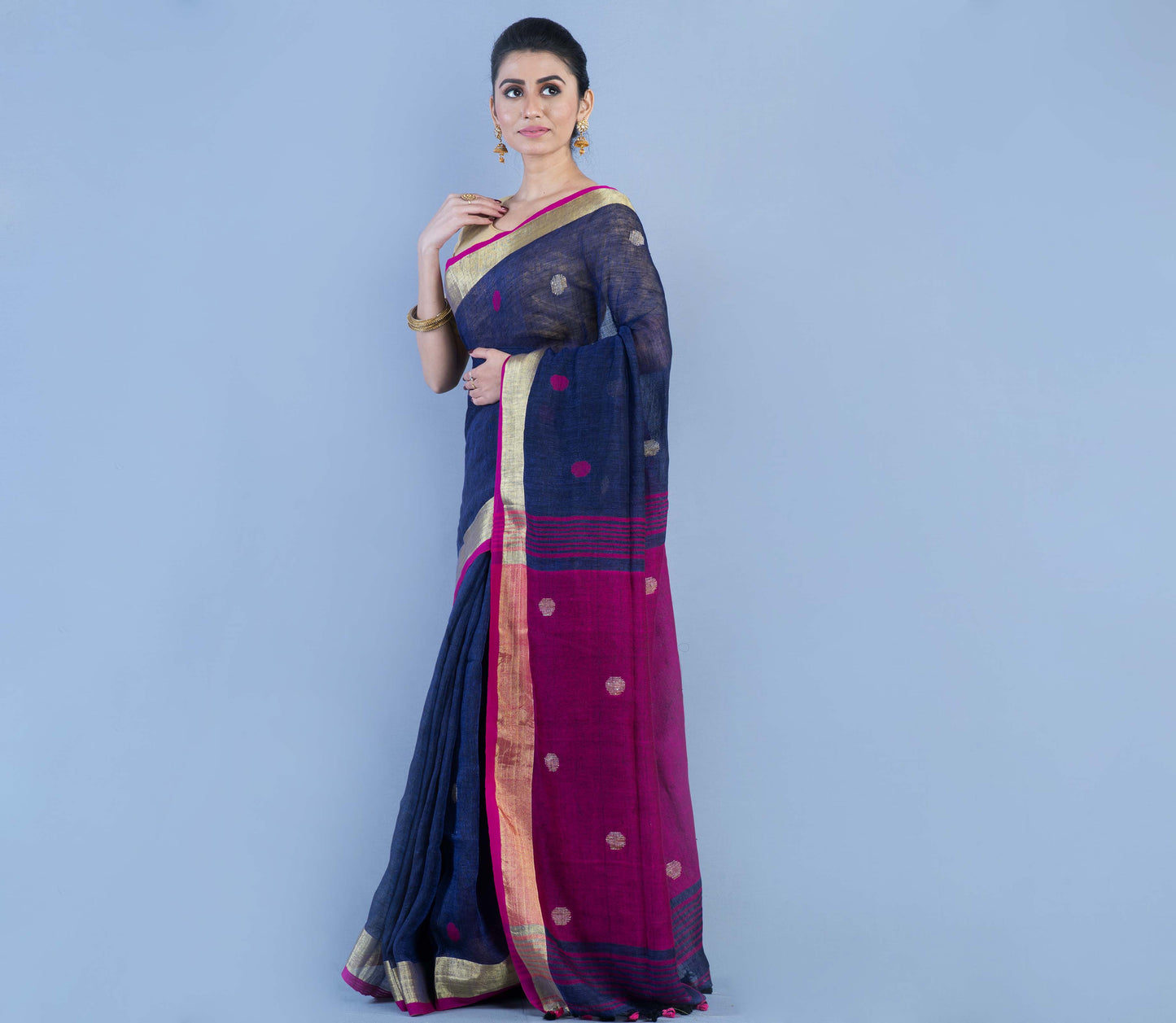 Handloom Linen Saree - Prussian Blue & Purple - ArtisanSoul