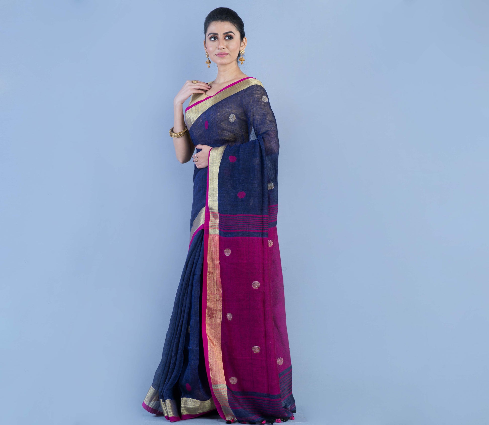 Handloom Linen Saree - Prussian Blue & Purple - ArtisanSoul