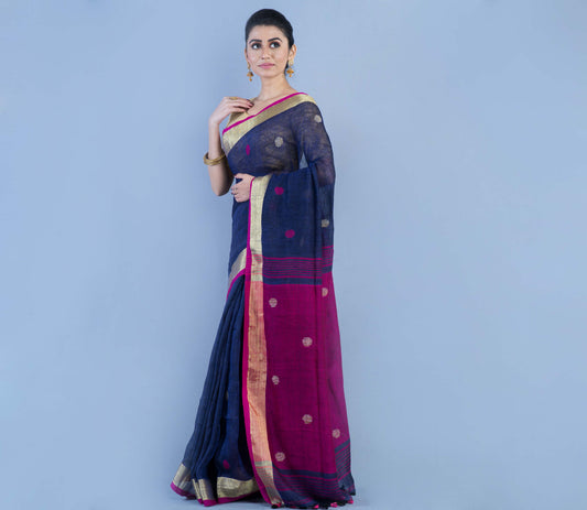 Handloom Linen Saree - Prussian Blue & Purple - ArtisanSoul