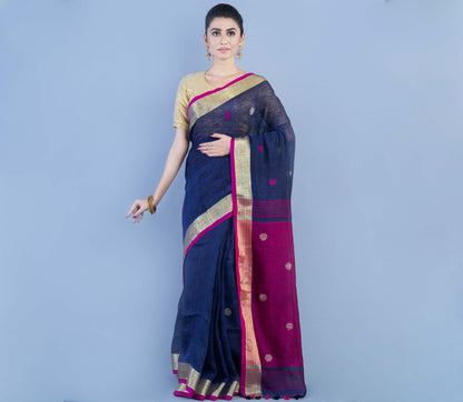 Handloom Linen Saree - Prussian Blue & Purple - ArtisanSoul