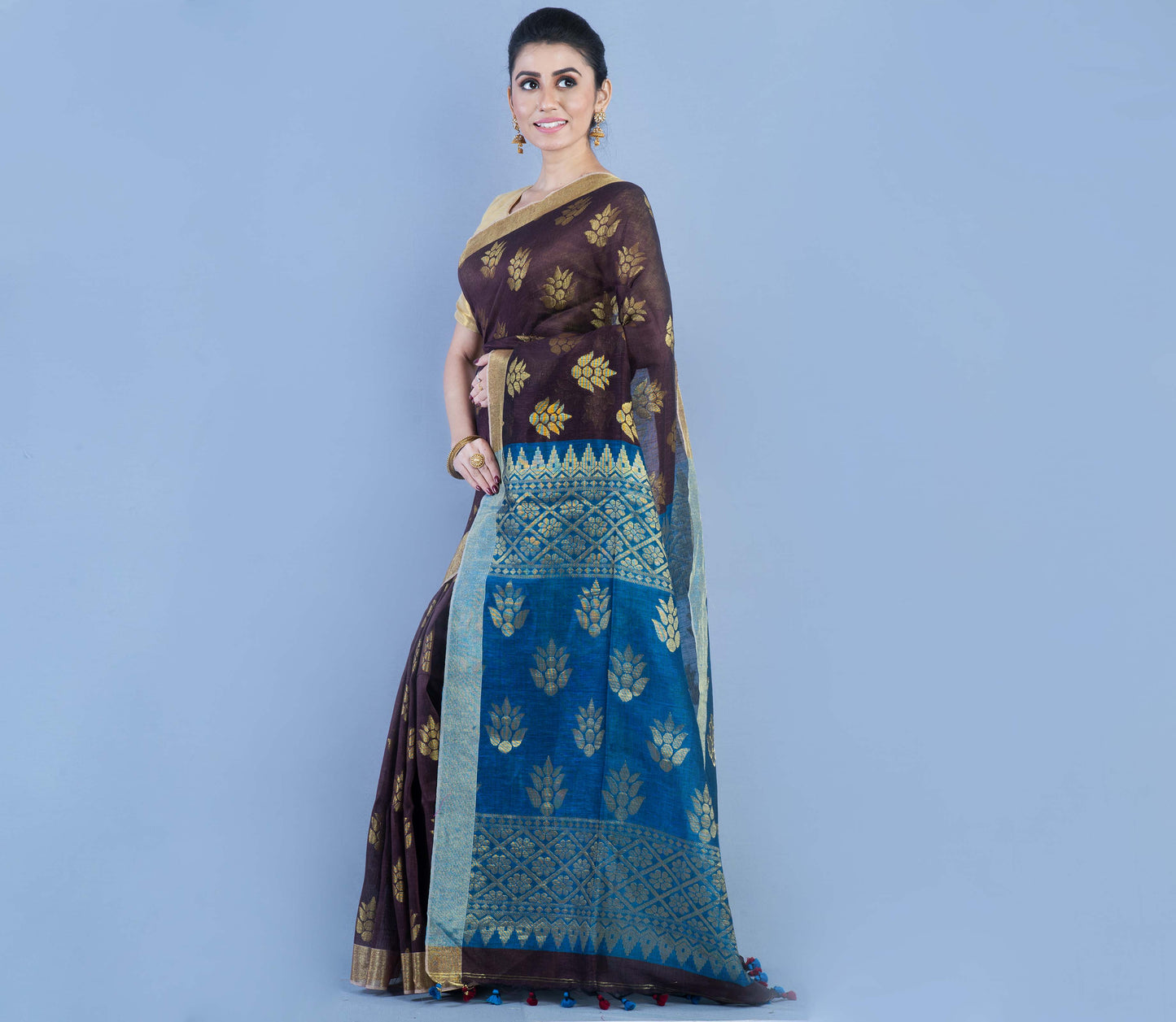 HANDLOOM LINEN SAREE WITH ALL OVER ZARI WORK - NAVY BLUE AND BLUE - ArtisanSoul