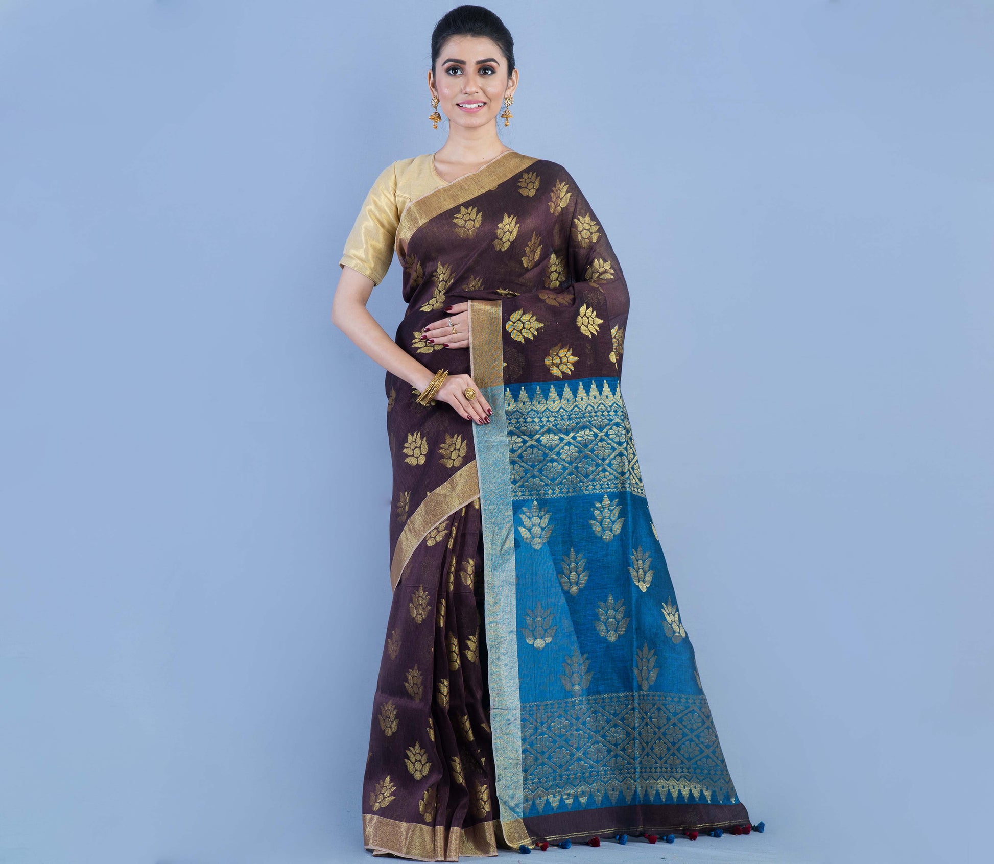 HANDLOOM LINEN SAREE WITH ALL OVER ZARI WORK - NAVY BLUE AND BLUE - ArtisanSoul