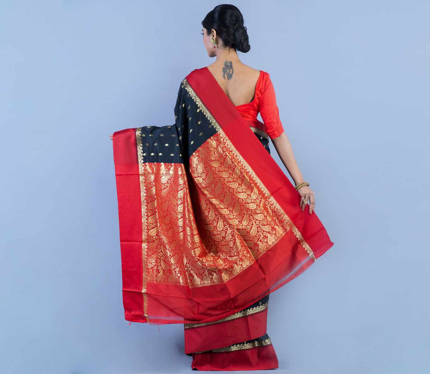 Handloom Garod Silk Saree With All Over Zari Work - Black with Red Par & Anchal - ArtisanSoul