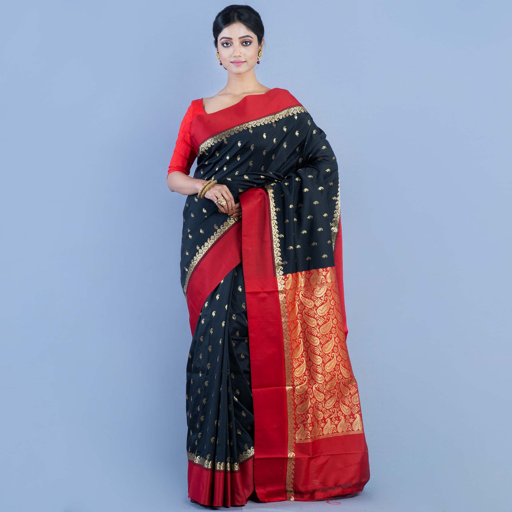 Handloom Garod Silk Saree With All Over Zari Work - Black with Red Par & Anchal - ArtisanSoul