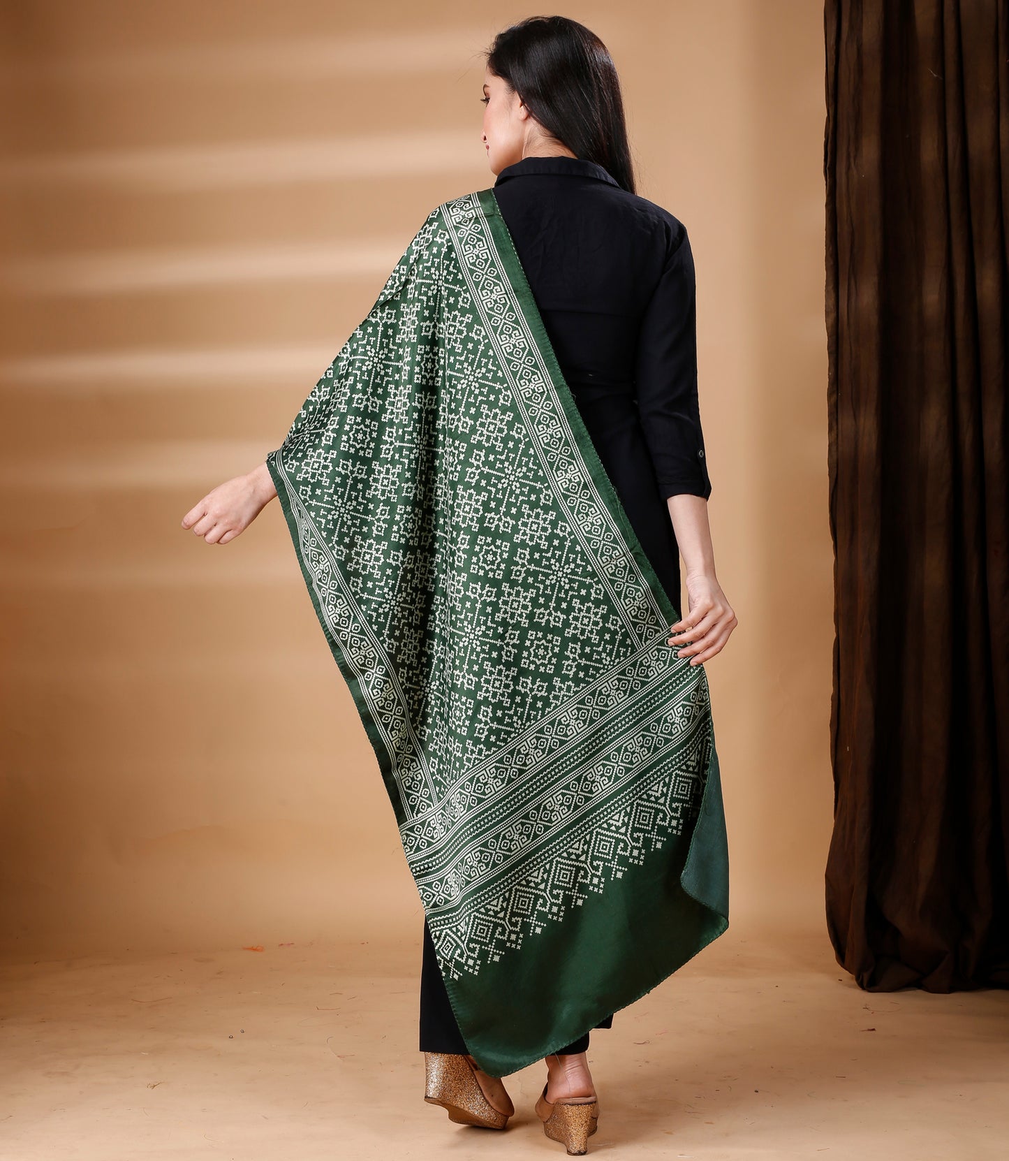 Ajrakh Print Modal Silk Stole From Bengal - Olive Green