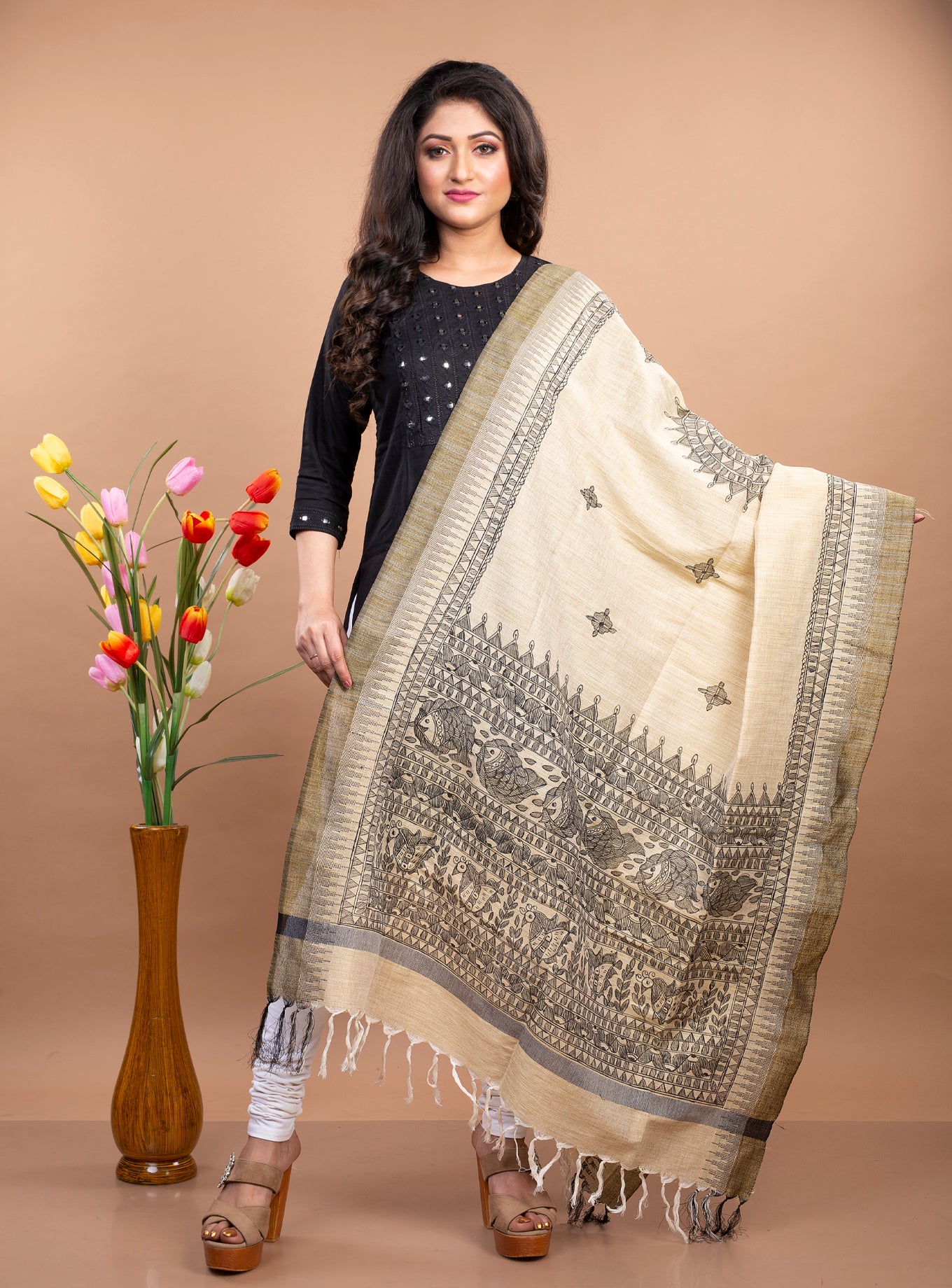 Madhubani Painting Dupatta From Bihar - Black on Beige