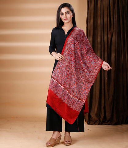 Ajrakh Print Modal Silk Stole From Bengal - Maroon