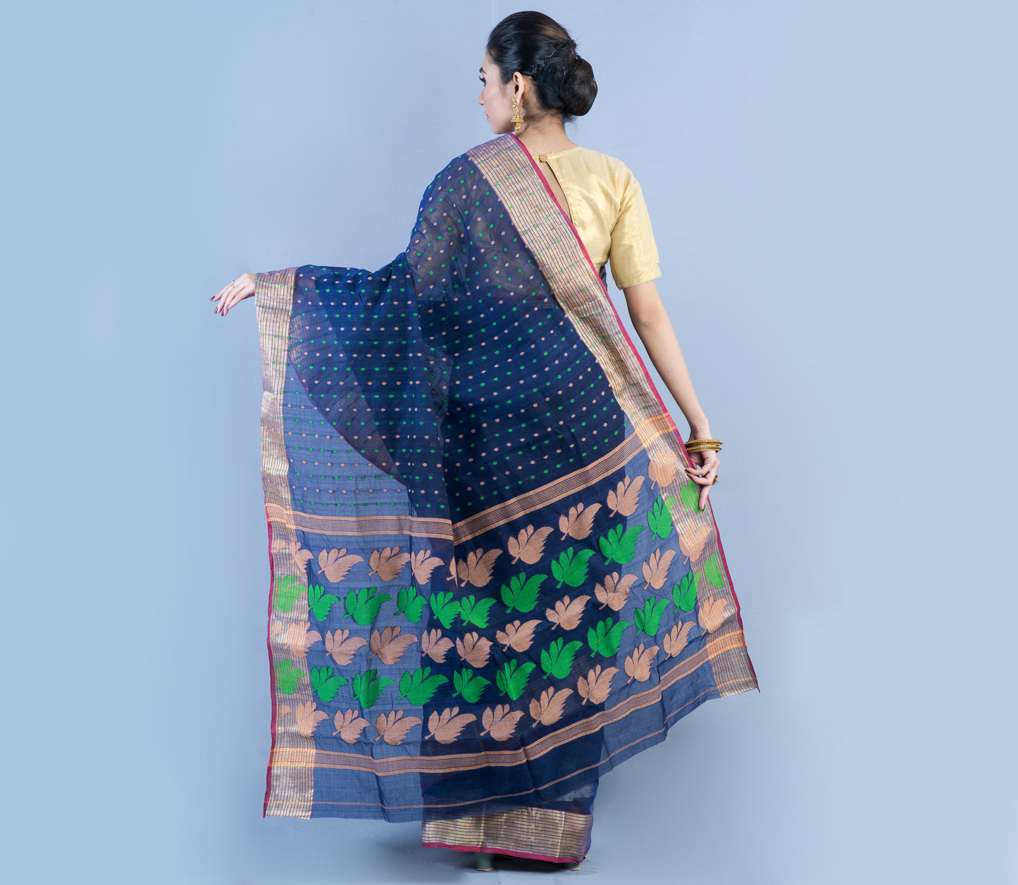 Handloom Tant Saree Navy Blue With Zari Par - ArtisanSoul