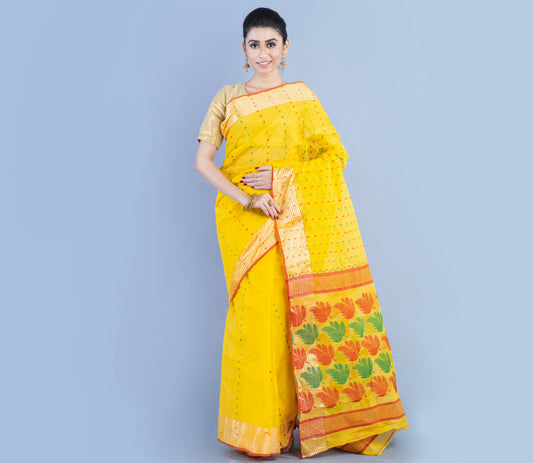 Handloom Jamdani Saree With Work On Yellow - ArtisanSoul