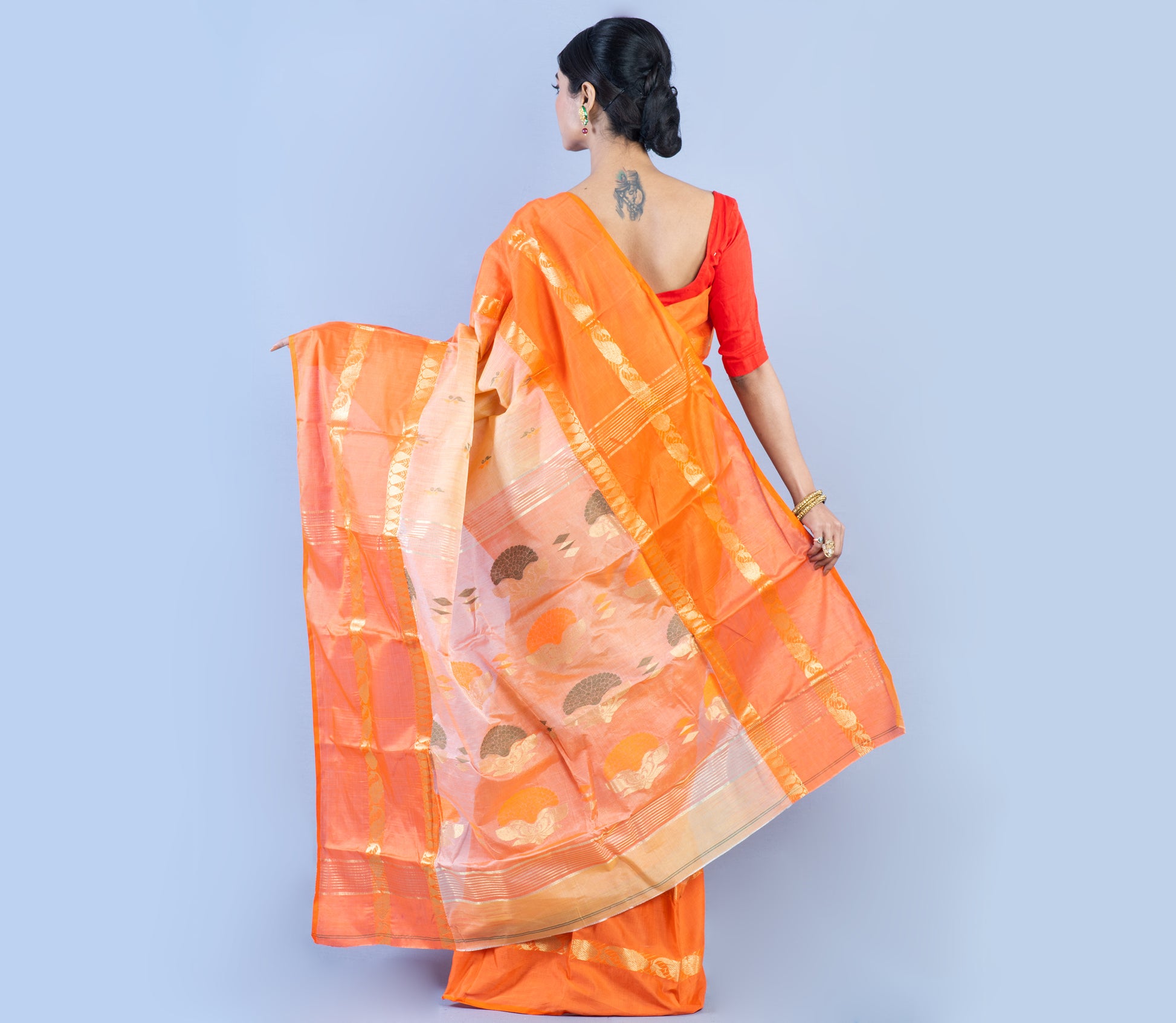 Handloom Tant Saree - Orange And Vanilla - ArtisanSoul