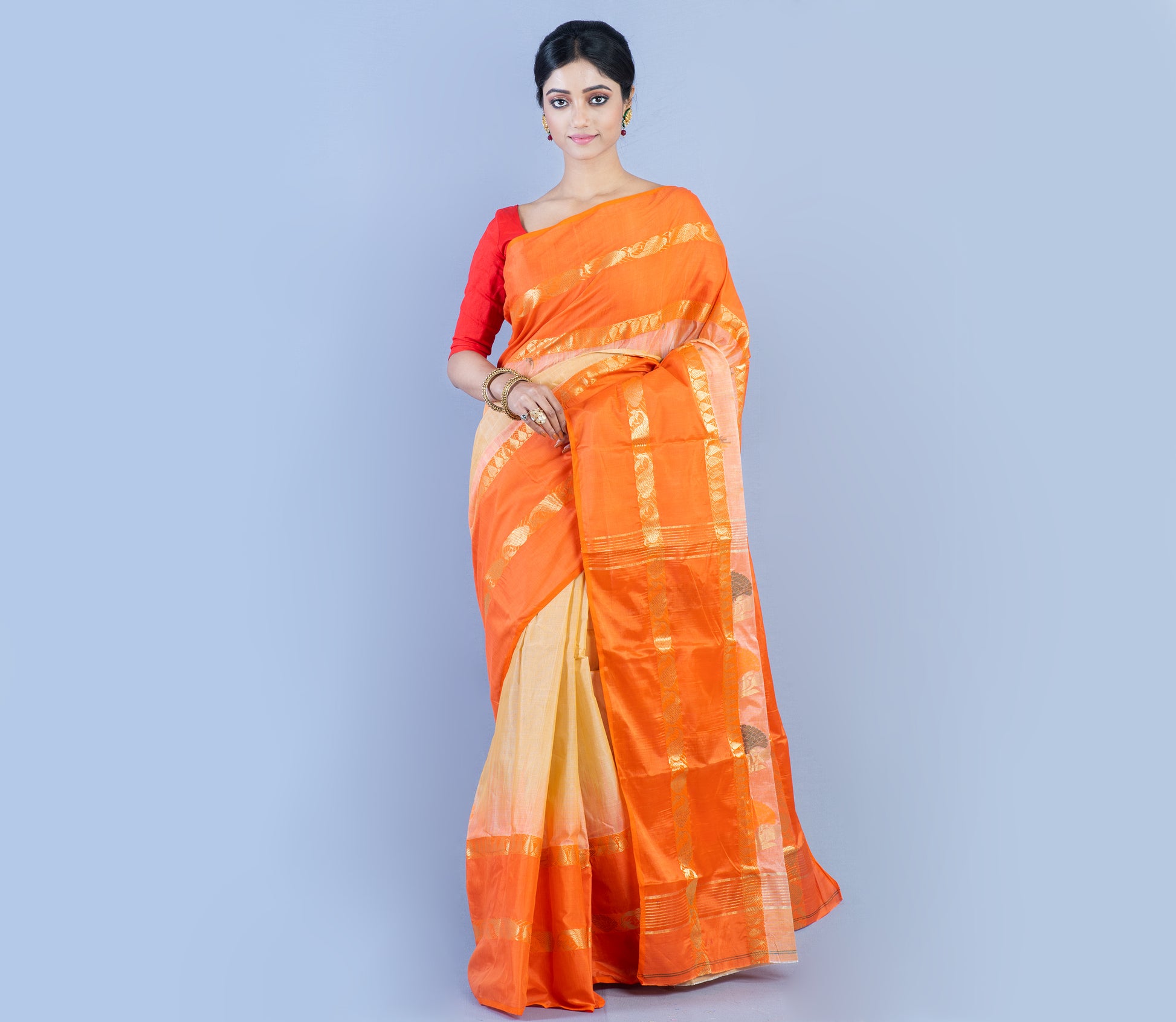 Handloom Tant Saree - Orange And Vanilla - ArtisanSoul