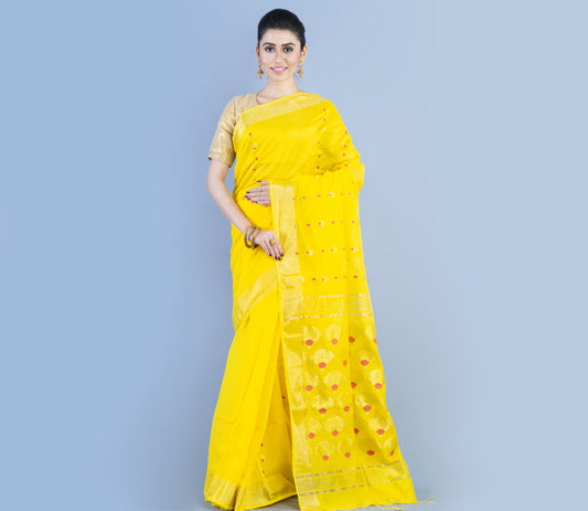 Yellow Tant Saree With Zari Work - ArtisanSoul