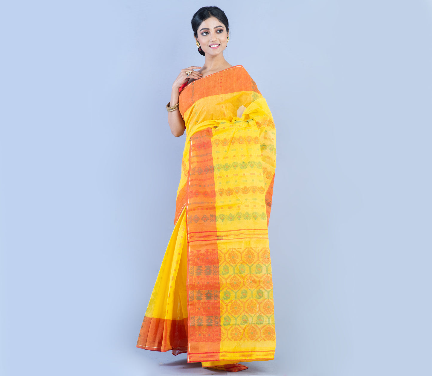 Handloom Tant Saree With Red & Green Work on Yellow - ArtisanSoul