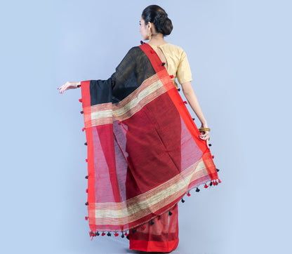 Handloom Patli Pallu Saree with Gheecha Design Anchal - Black & Maroon - ArtisanSoul