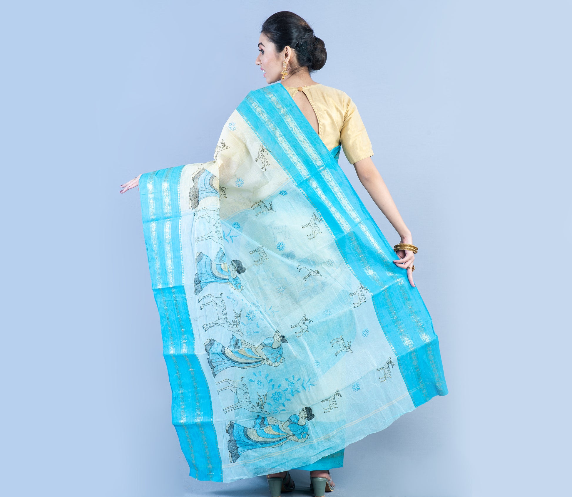 Handloom Cotton Saree with Embroidery Work - White & Sky Blue - ArtisanSoul