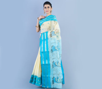 Handloom Cotton Saree with Embroidery Work - White & Sky Blue - ArtisanSoul