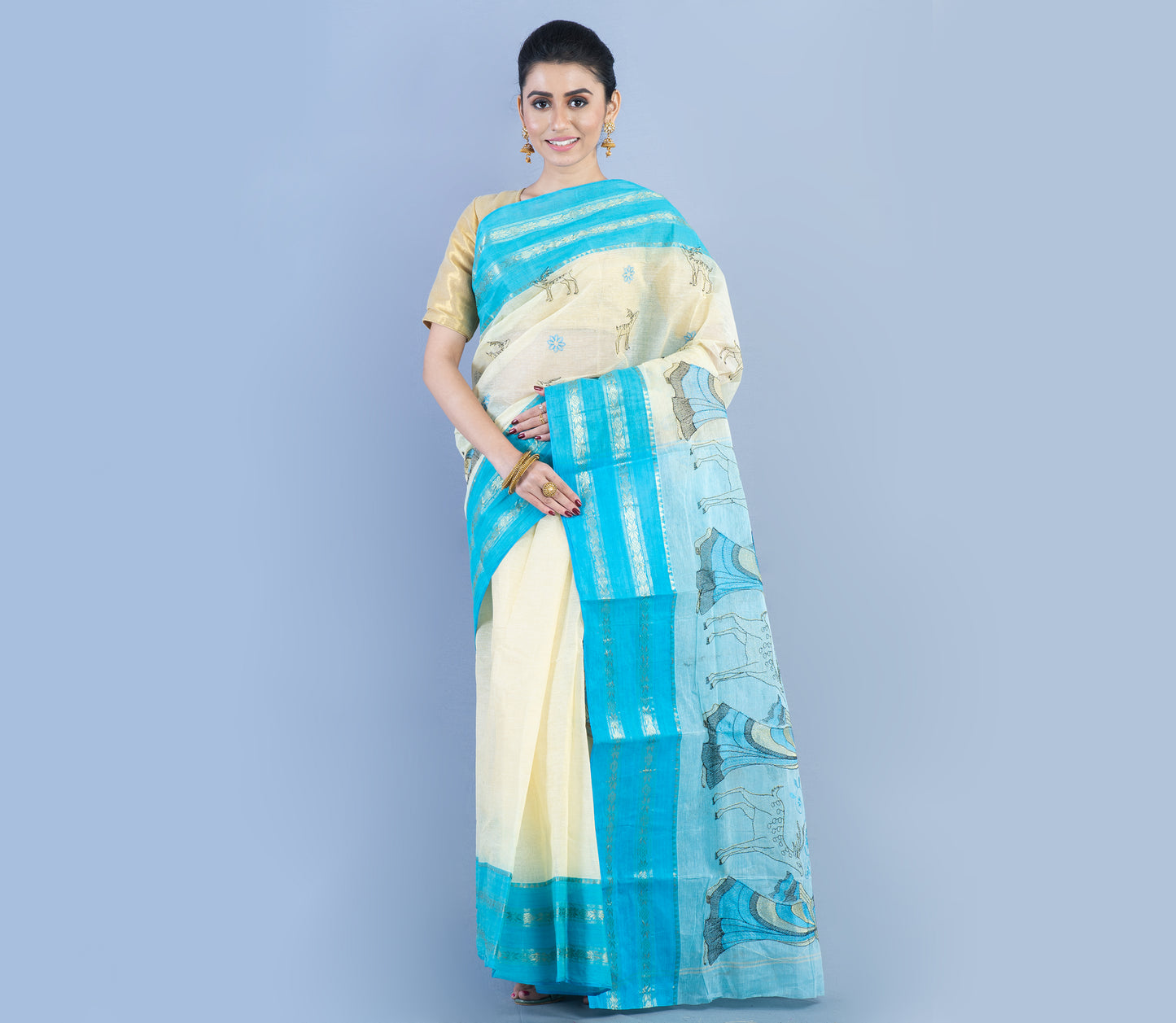 Handloom Cotton Saree with Embroidery Work - White & Sky Blue - ArtisanSoul
