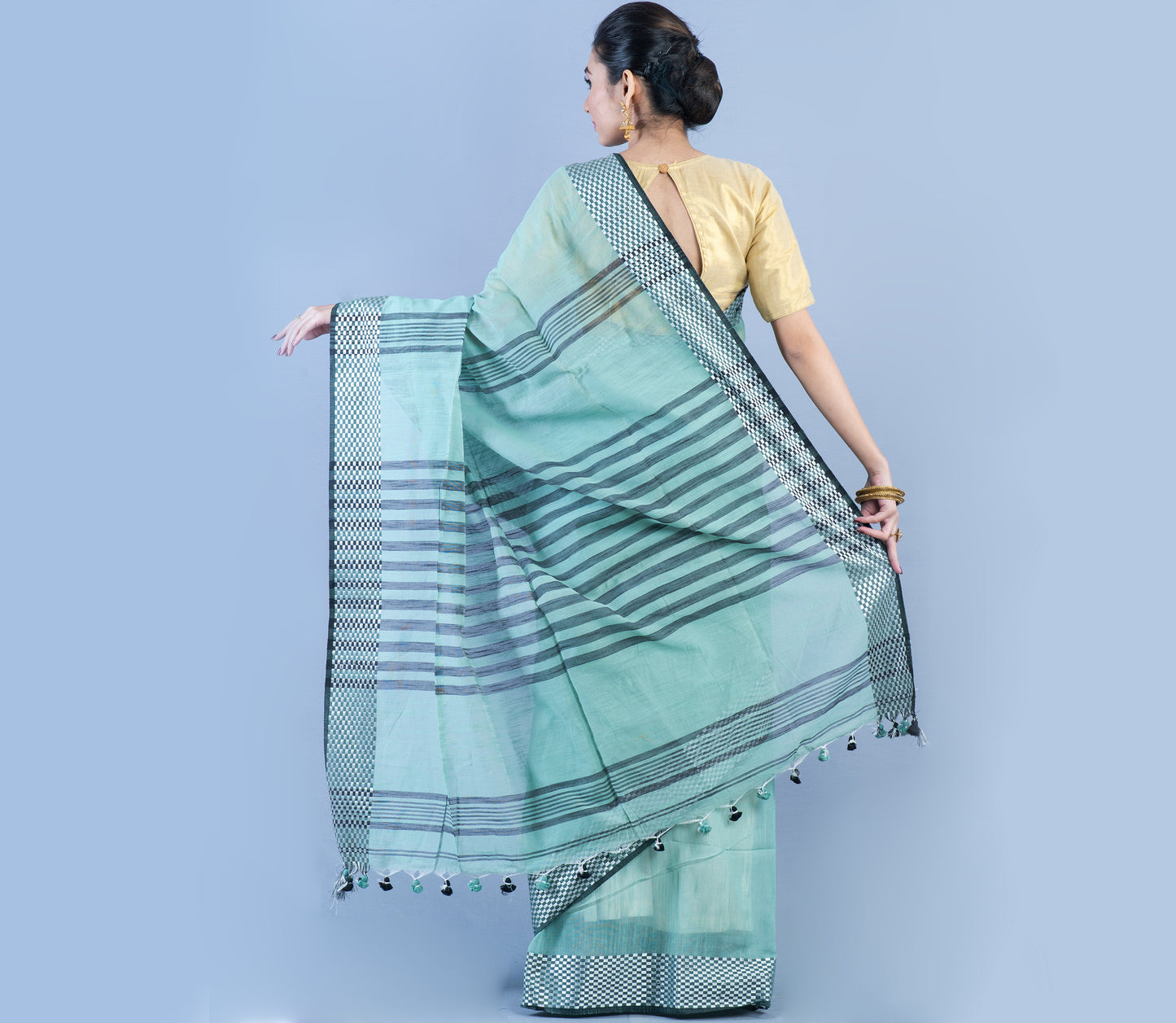 Handloom Saree - Sky Blue With Checkred Zari Par - ArtisanSoul
