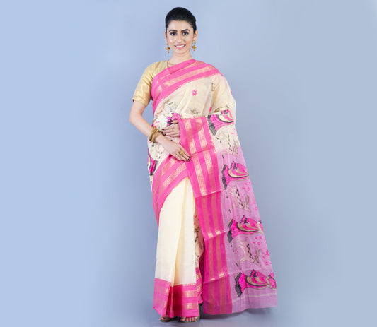 Handloom Cotton Saree with Embroidery Work - White & Pink - ArtisanSoul