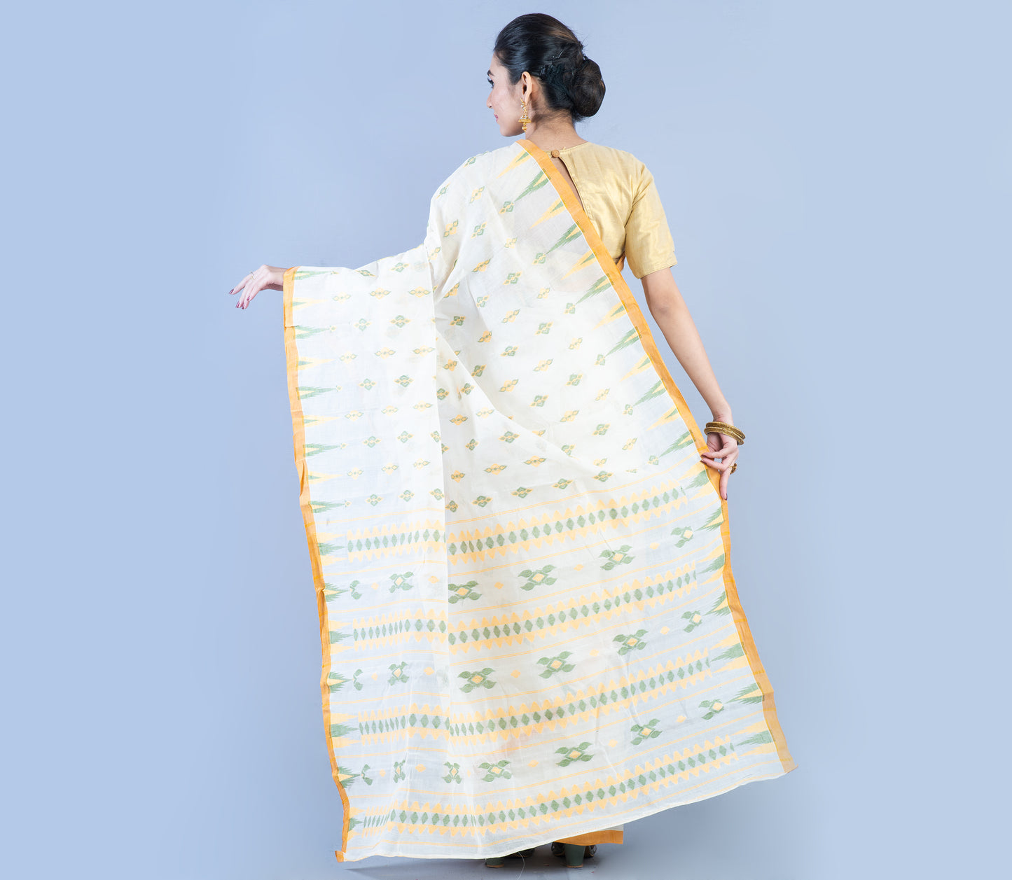 Handloom Saree With Work - Mustard Yellow On White - ArtisanSoul