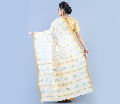 Handloom Saree With Work - Mustard Yellow On White - ArtisanSoul