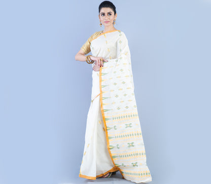 Handloom Saree With Work - Mustard Yellow On White - ArtisanSoul
