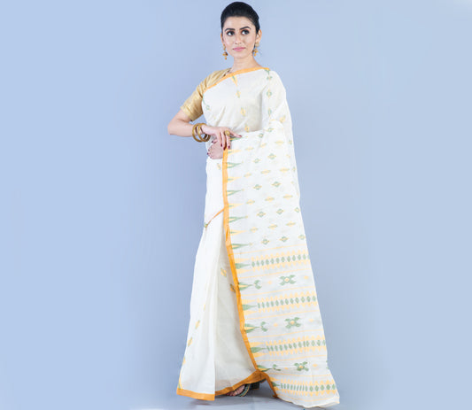 Handloom Saree With Work - Mustard Yellow On White - ArtisanSoul