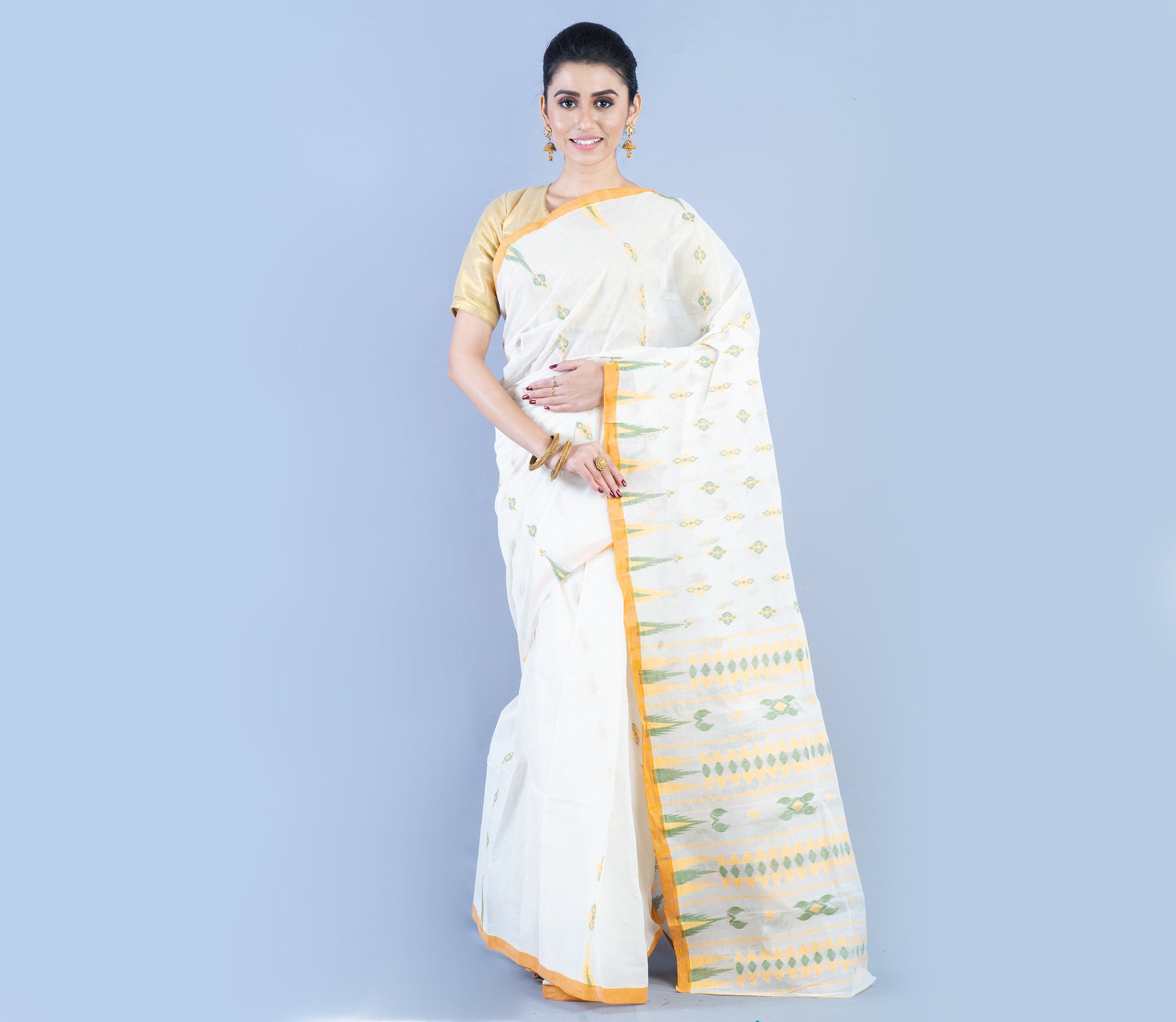 Handloom Saree With Work - Mustard Yellow On White - ArtisanSoul