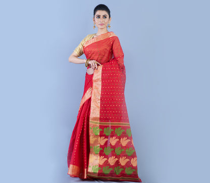 Handloom Jamdani Saree - Red - ArtisanSoul