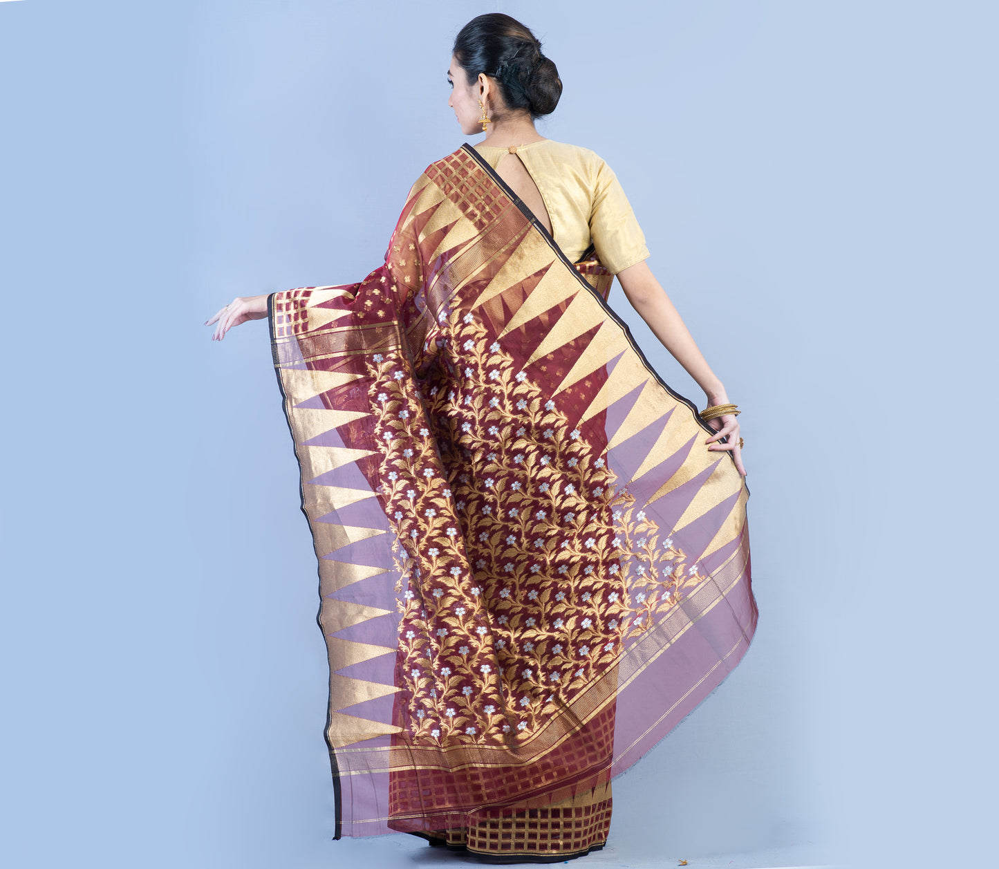 Handloom Saree with Jamdani Patterns all over the Saree - Burnt Sienna - ArtisanSoul