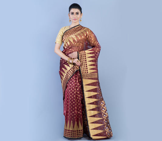 Handloom Saree with Jamdani Patterns all over the Saree - Burnt Sienna - ArtisanSoul