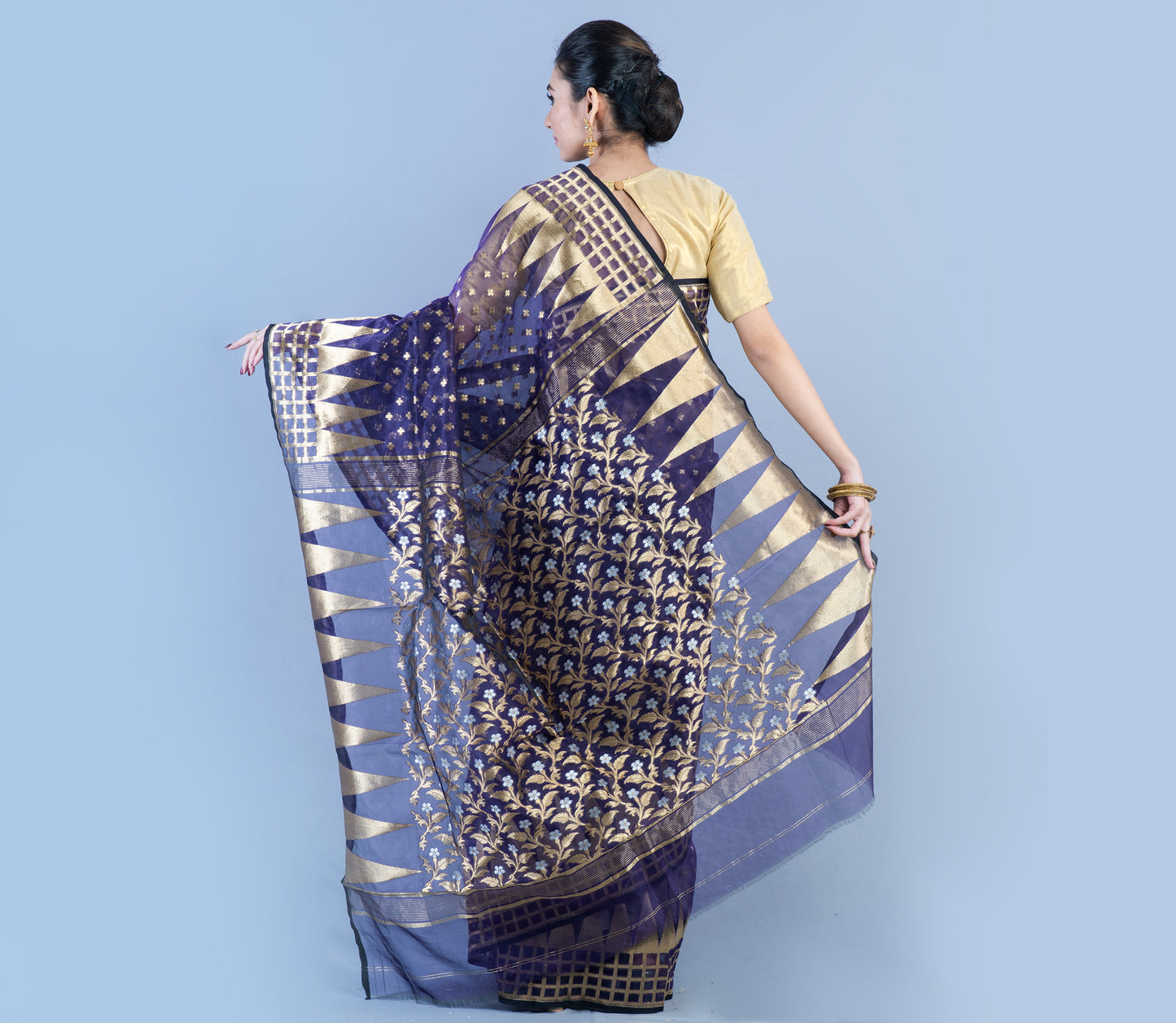 Handloom Saree with Jamdani Patterns all over the saree - Navy Blue - ArtisanSoul