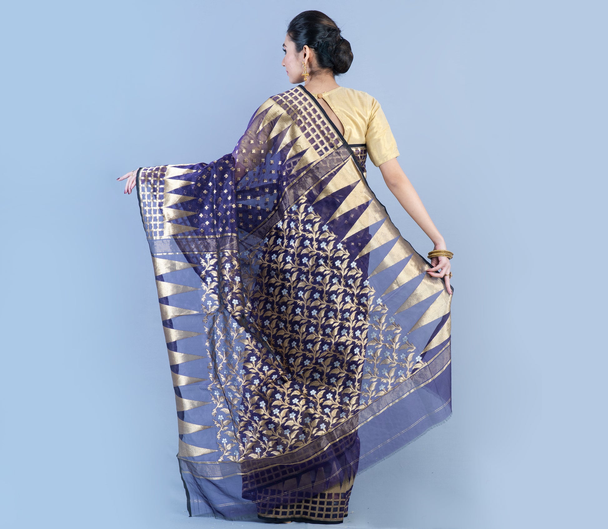Handloom Saree with Jamdani Patterns all over the saree - Navy Blue - ArtisanSoul
