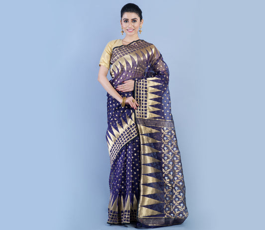Handloom Saree with Jamdani Patterns all over the saree - Navy Blue - ArtisanSoul