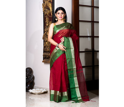 Handloom Tant Saree - Maroon With Green Par - ArtisanSoul