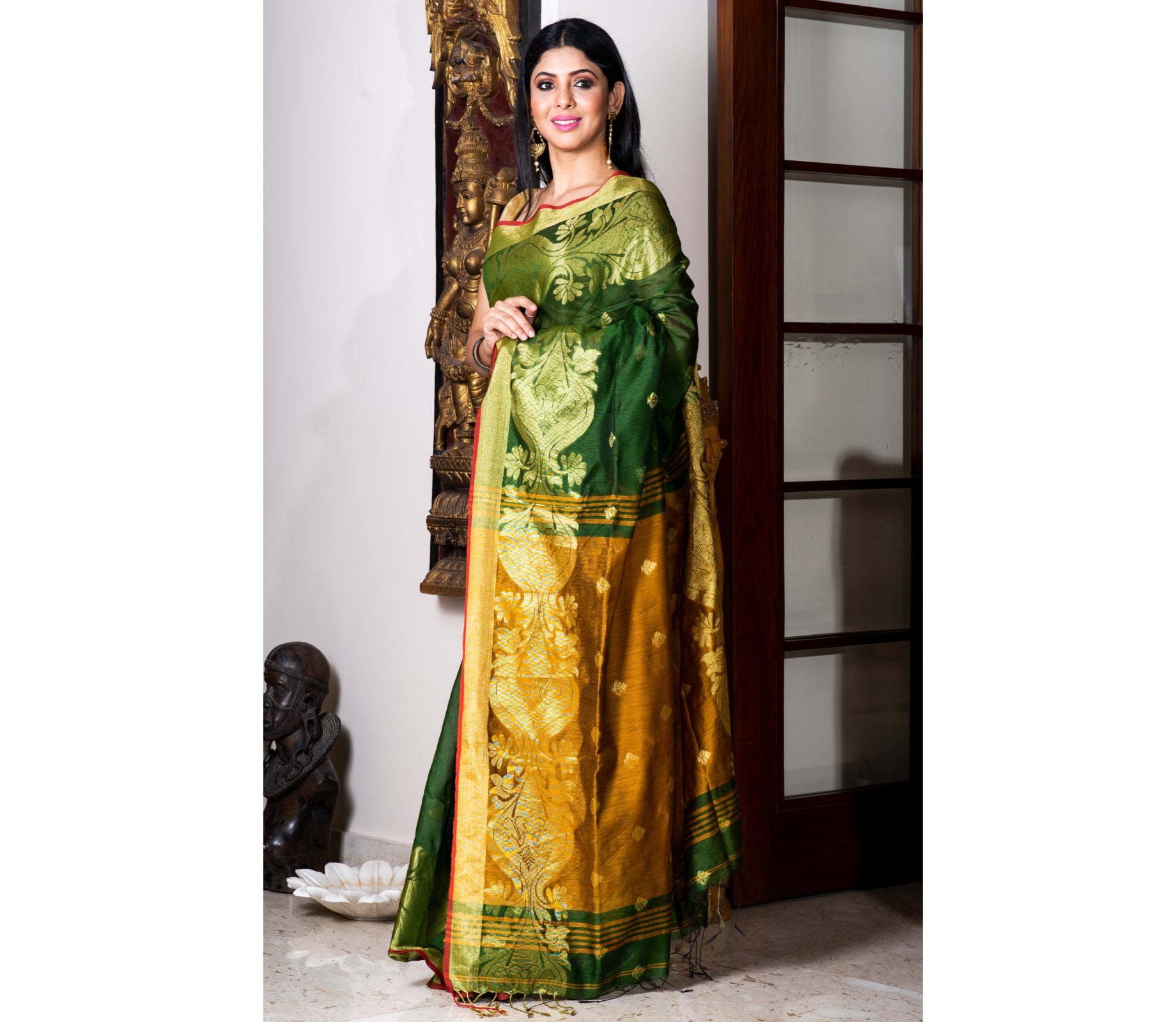 Handloom Saree - Bottle Green & Mustard Yellow - ArtisanSoul