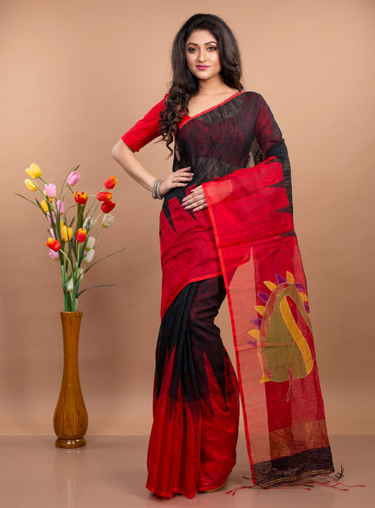 Handloom Gheecha Saree - Black & Red - ArtisanSoul