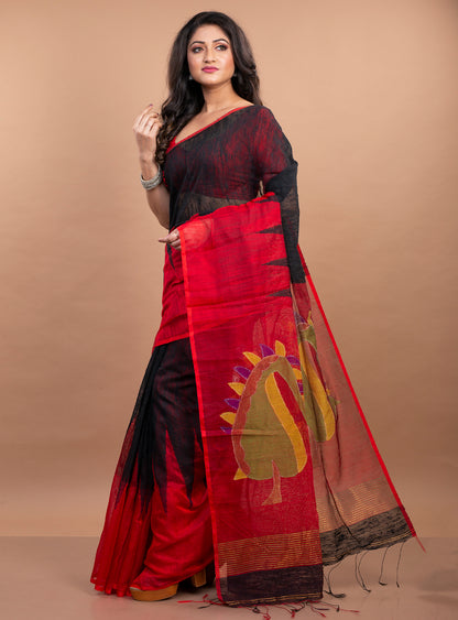 Handloom Gheecha Saree - Black & Red - ArtisanSoul