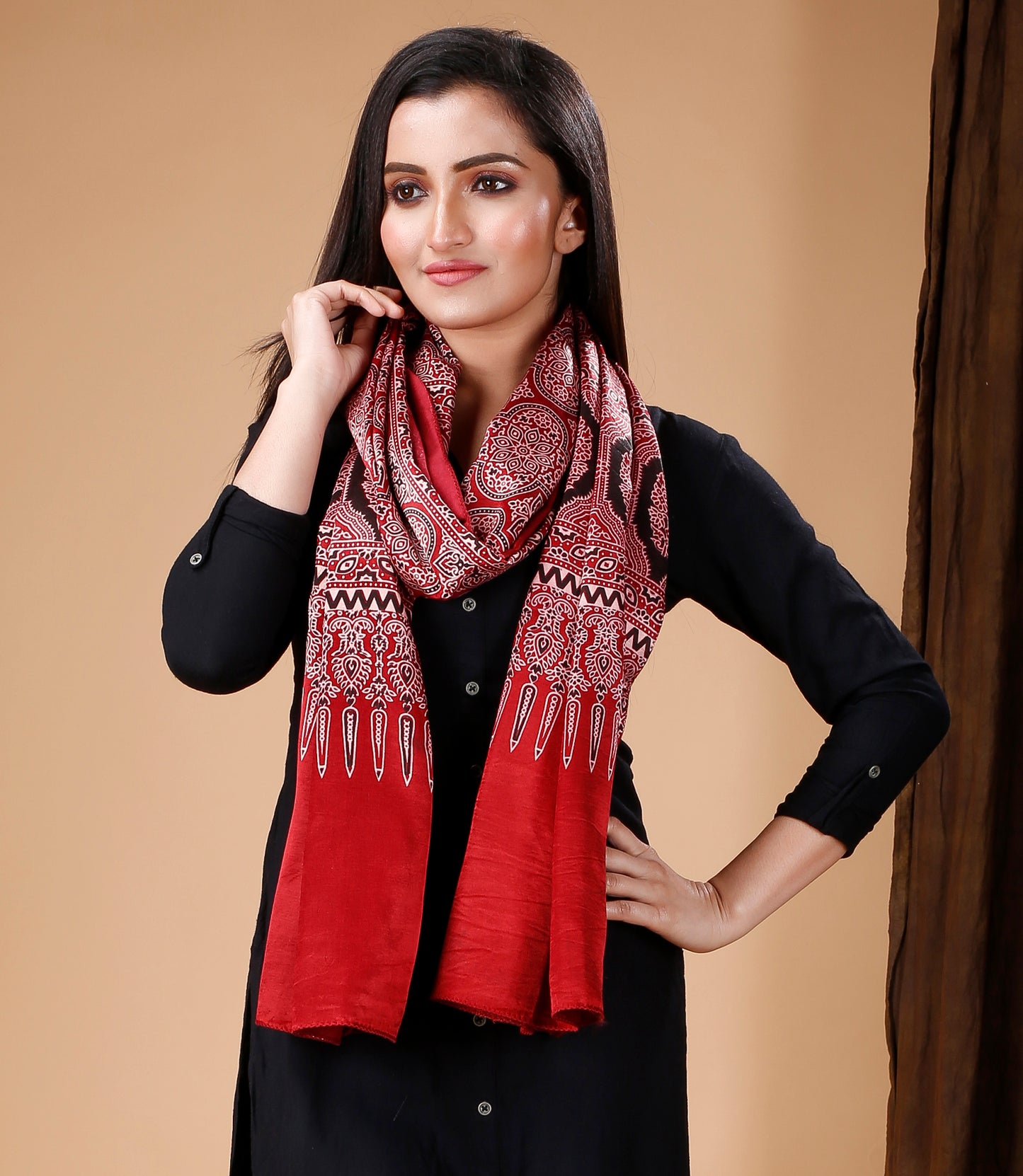 Ajrakh Print Modal Silk Stole From Bengal - Maroon