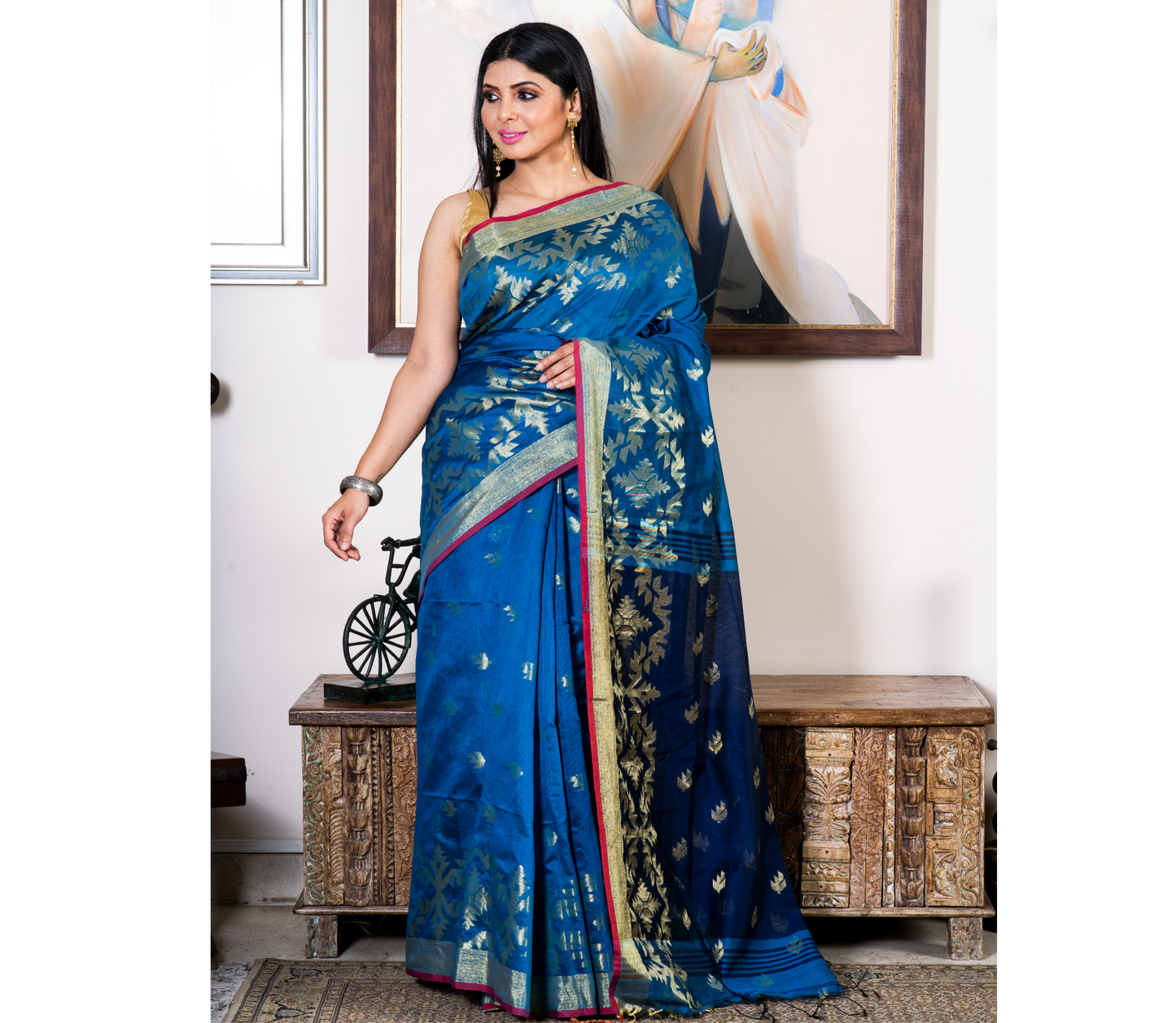 Handloom Saree With Work All Over The Saree - Blue & Navy Blue - ArtisanSoul