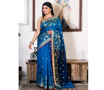 Handloom Saree With Work All Over The Saree - Blue & Navy Blue - ArtisanSoul