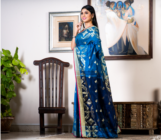 Handloom Saree With Work All Over The Saree - Blue & Navy Blue - ArtisanSoul