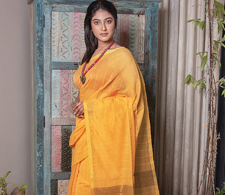 Yellow 'Chumki-kaj' Handloom Saree - ArtisanSoul