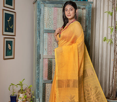 Yellow 'Chumki-kaj' Handloom Saree - ArtisanSoul