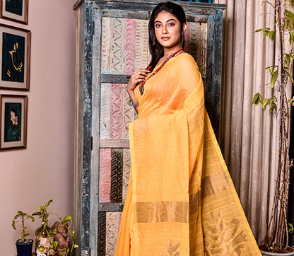 Yellow 'Chumki-kaj' Handloom Saree - ArtisanSoul