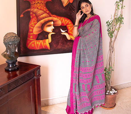 Neemki Kaj on Handloom Saree - Grey