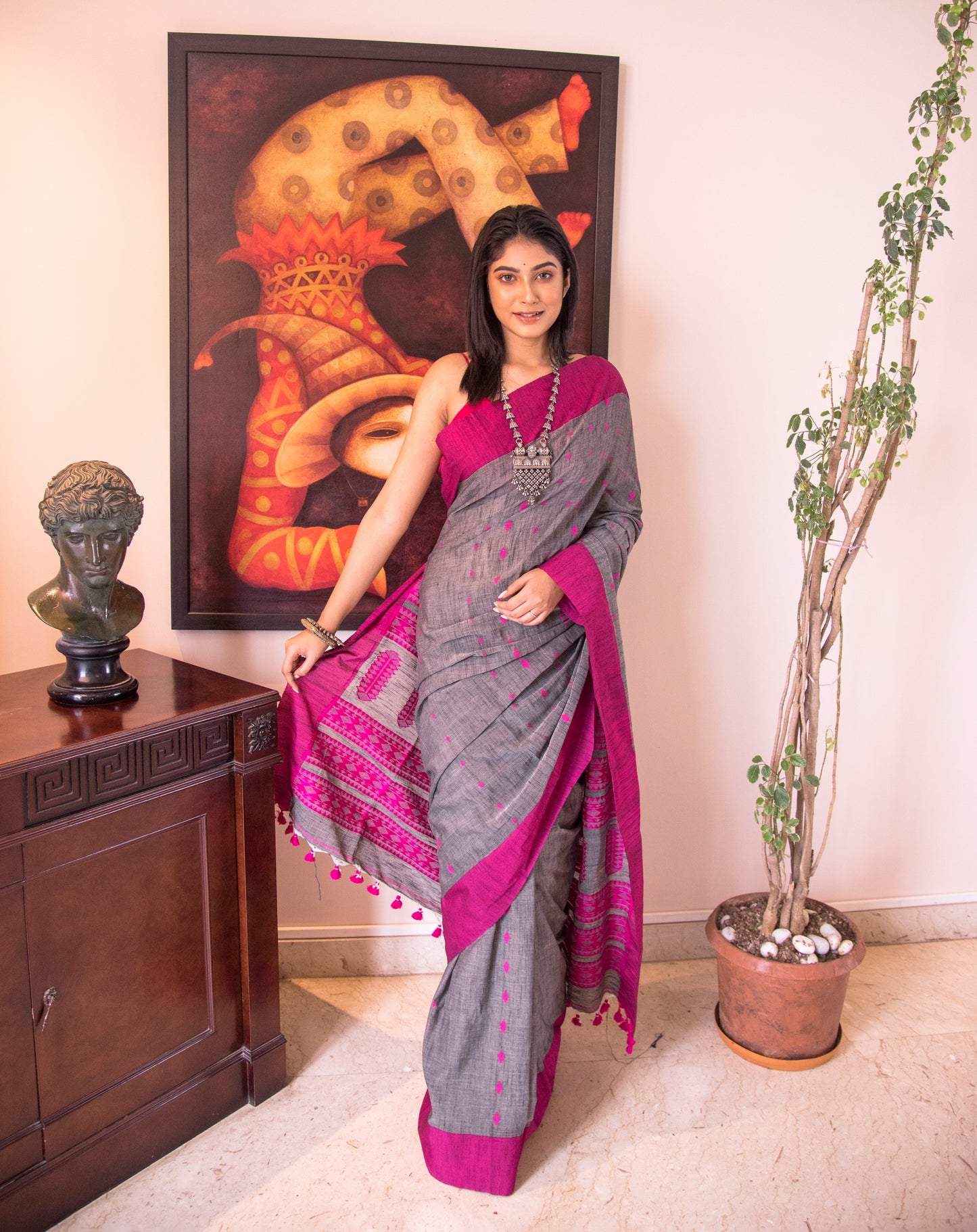 Neemki Kaj on Handloom Saree - Grey