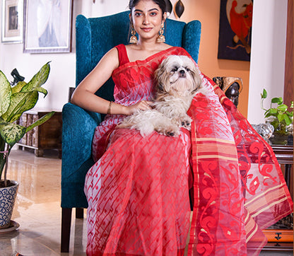 Handloom work on Cotton Silk with Jamdani Anchal Kuchi Design - Red and White - ArtisanSoul