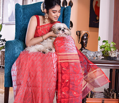 Handloom work on Cotton Silk with Jamdani Anchal Kuchi Design - Red and White - ArtisanSoul