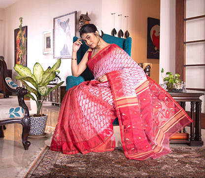 Handloom work on Cotton Silk with Jamdani Anchal Kuchi Design - Red and White - ArtisanSoul